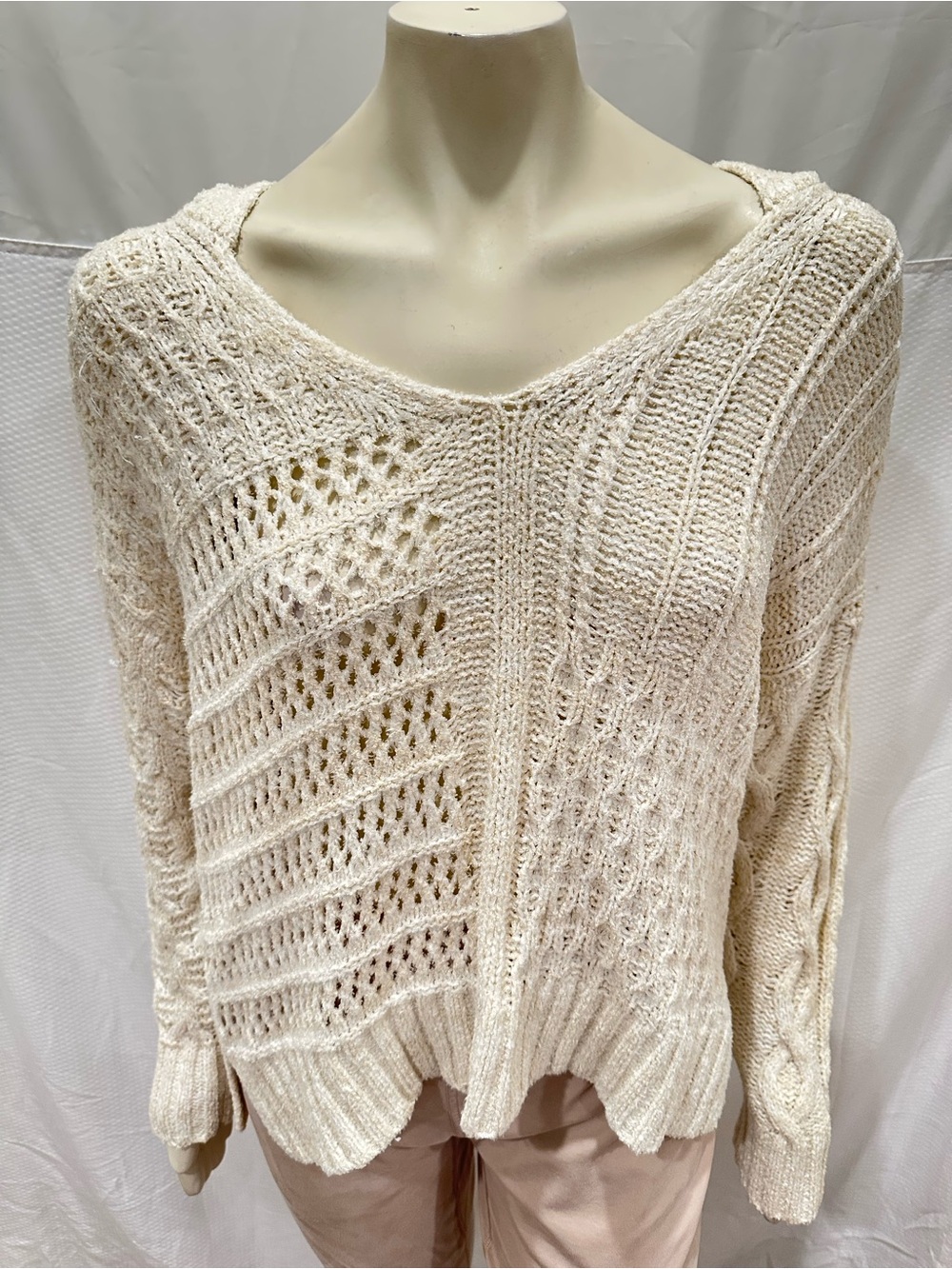 lovestitch Cream Open-Knit V-Neck Sweater